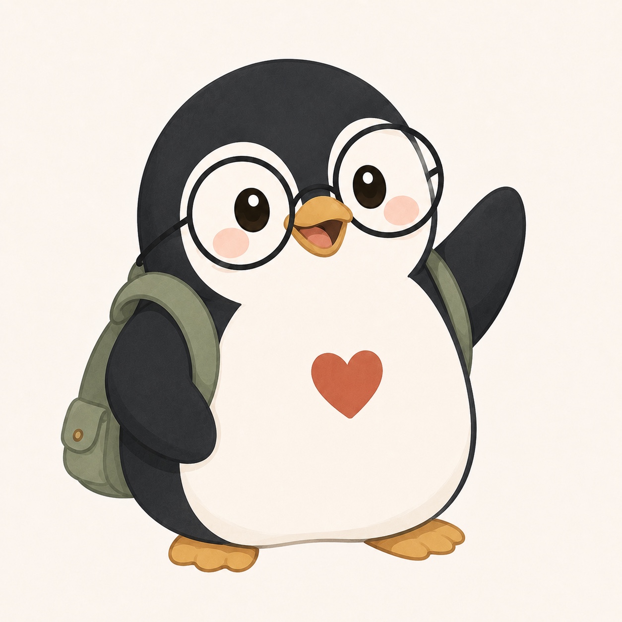 戴眼鏡、背著綠色背包的企企鵝